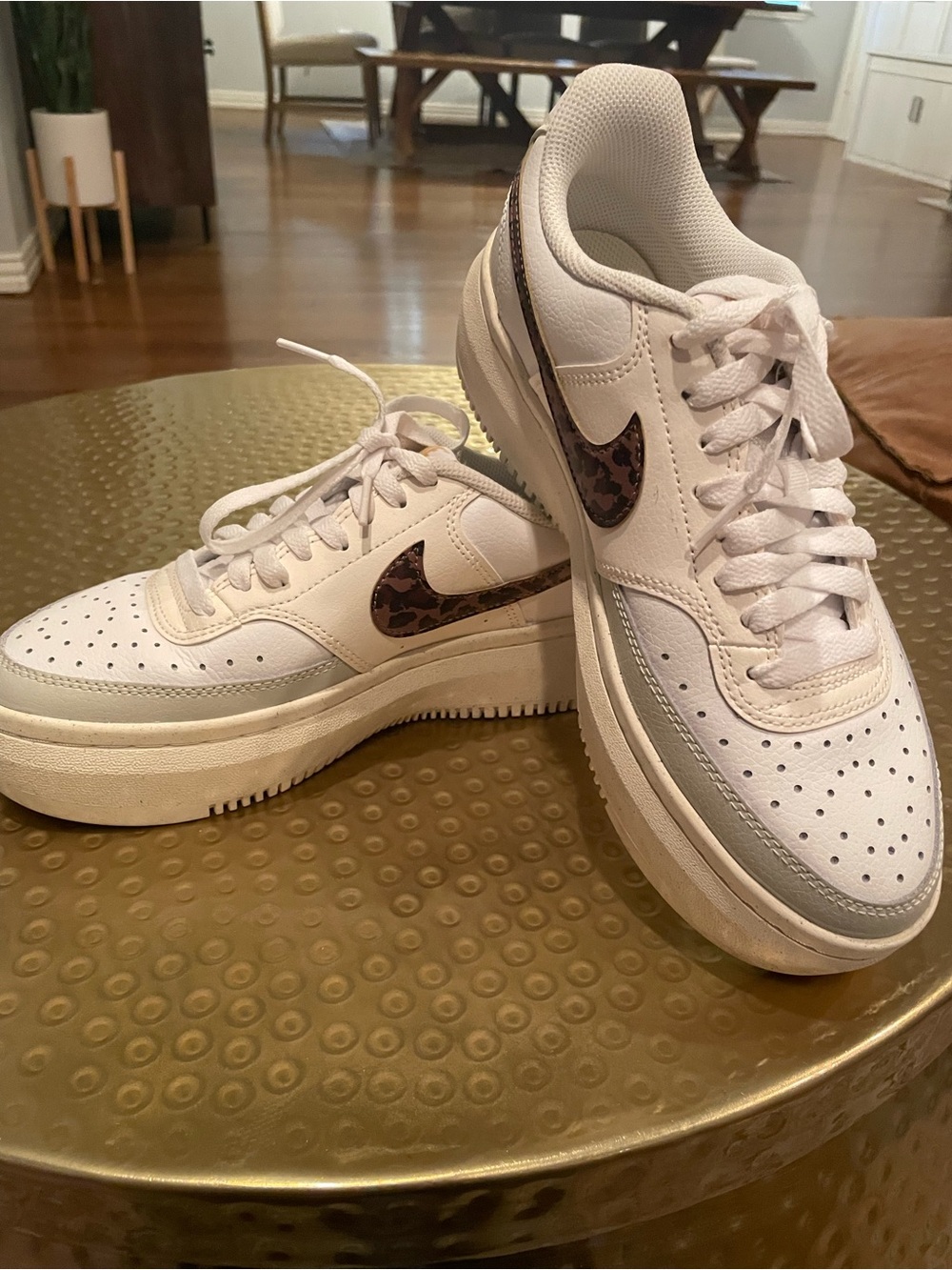 Nike White Platform Sneakers with Brown Leopard Swoosh